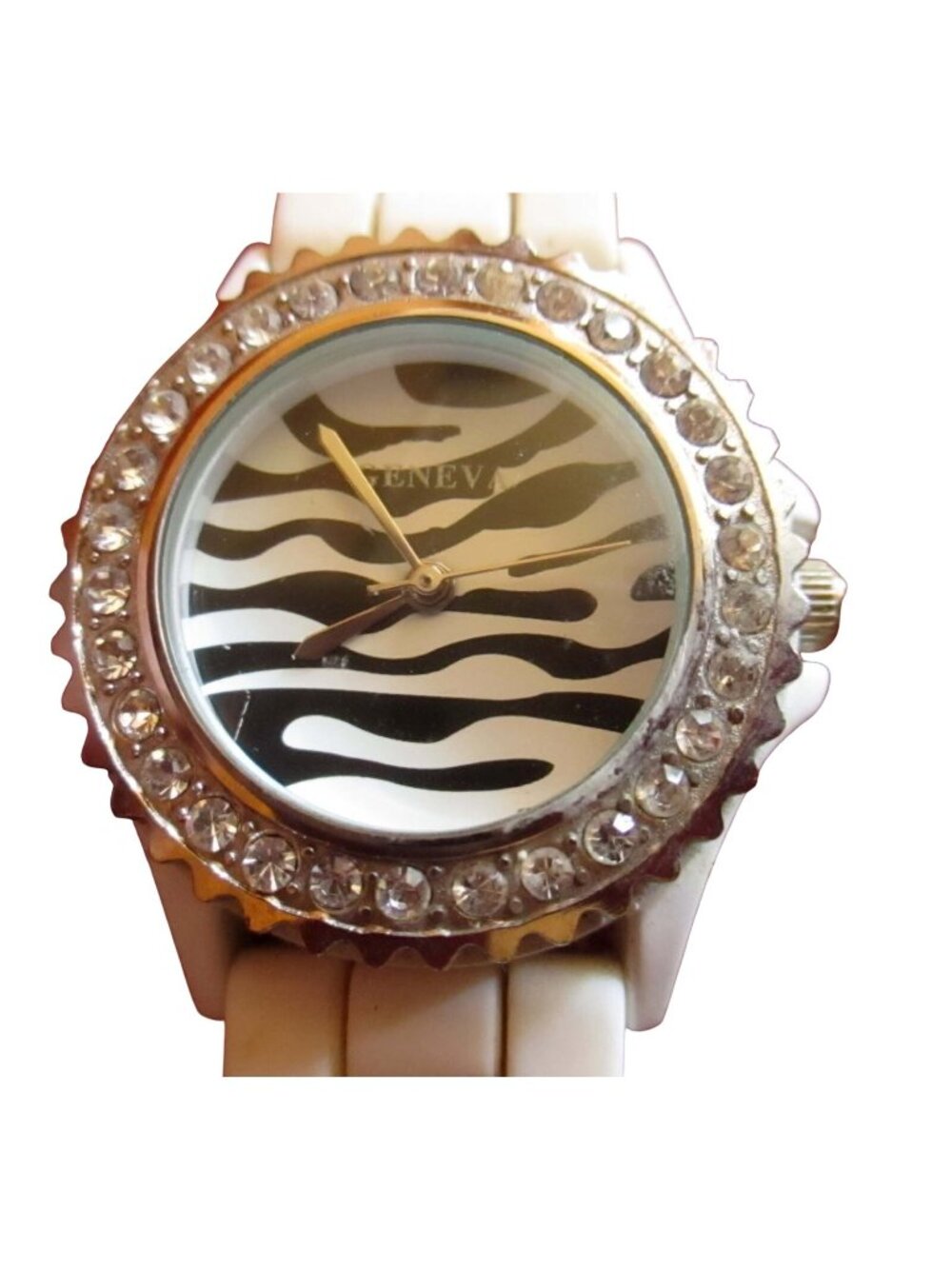 Geneva Crystal Silicone Wrist Watch White  Zebra Face Rhinestone DEAD BATTERY
